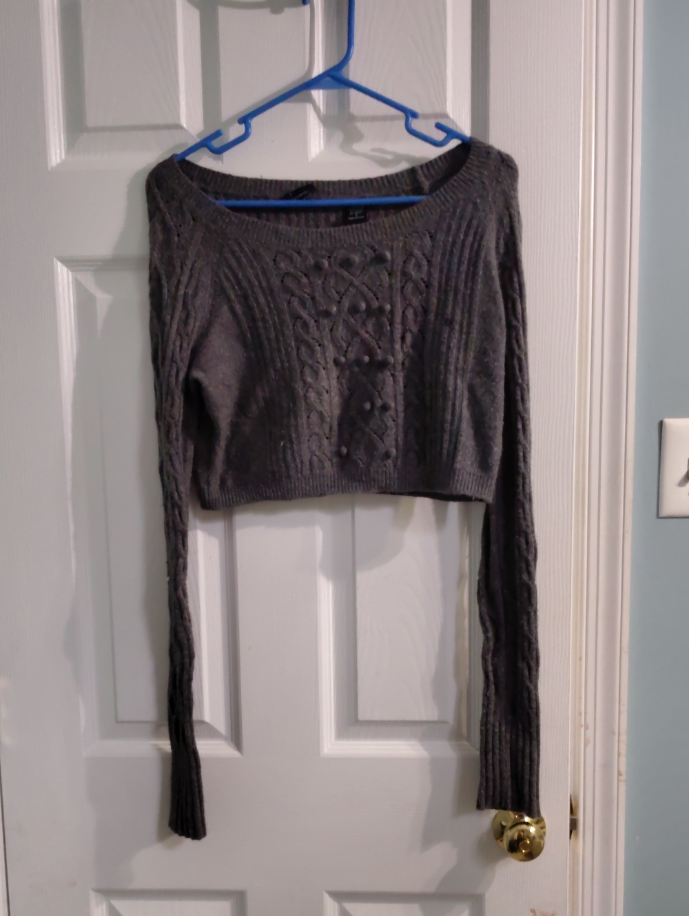 Y2K Moda International Gray Cable-Knit Cropped Off-the-Shoulder Sweater, Size S